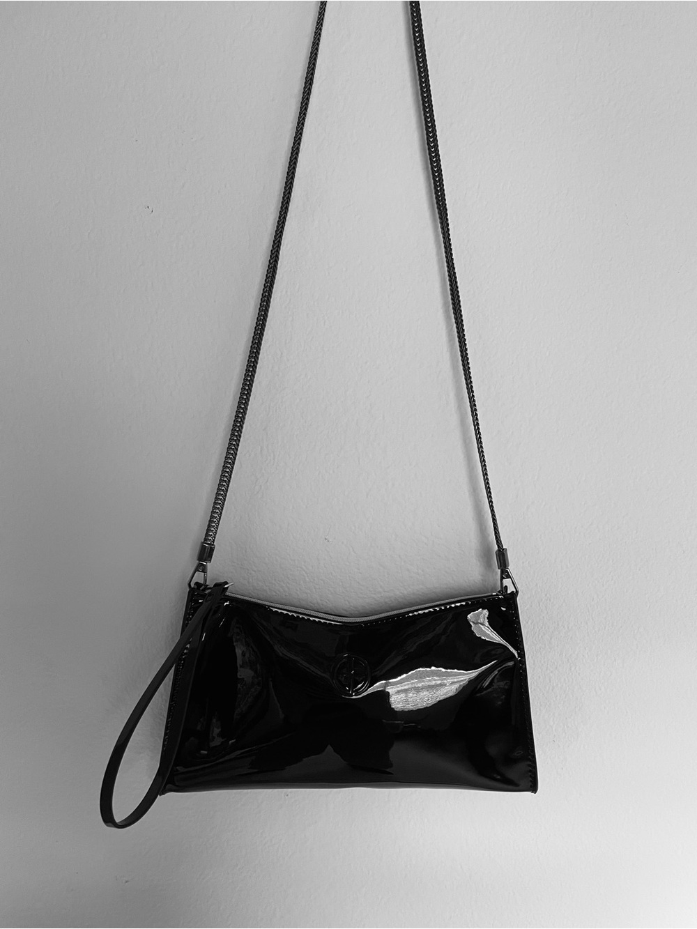 ARMANI Black Patent faux Leather chain Strap purse bag, clutch LOGO